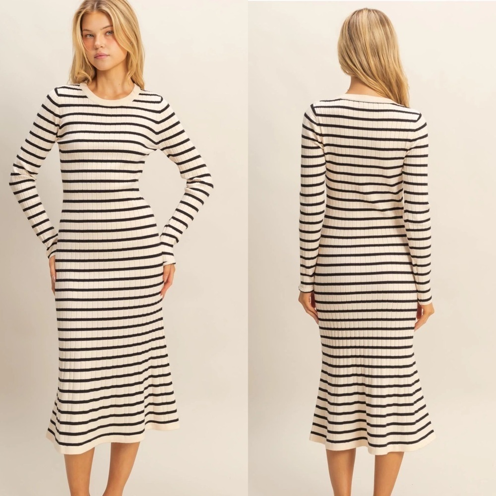 NEW HYFVE Cream Striped Ribbed Midi Sweater Dress Flared Hem Size Small